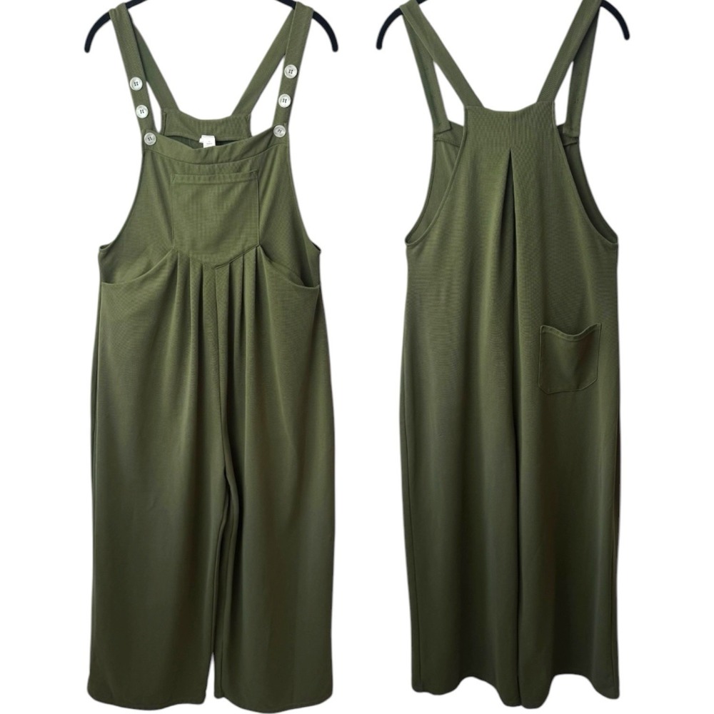 Halara Waffle Knit Overalls with Pockets Wide Leg Green Leisure Comfort Casual M - Picture 2 of 13